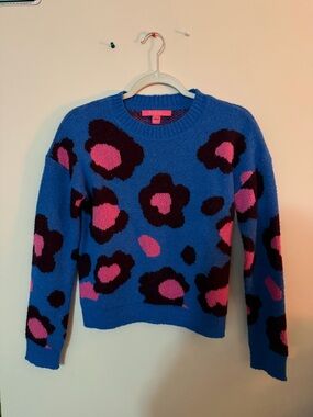 Lilly Pulitzer Blue Crewneck Sweater with Pink and Black Floral Spots